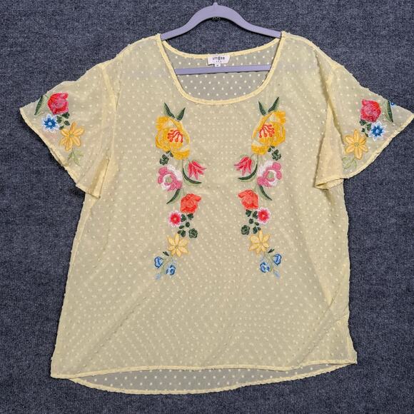 Umgee Medium Swiss Dot Embroidered Top Blouse Yellow Cotton Blend Flutter Sleeve - Picture 1 of 9